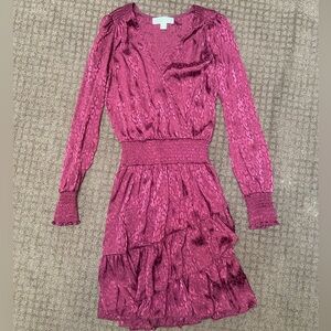MICHAEL Michael Kors Wrap Dress Women's L Burgundy Leopard Smocked Ruffled